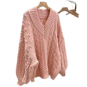 Autumn Winter Japanese Korean Style Cross-Border Soft Knitted Anti-Pilling Front Logo Lazy Version Loose Plus Size Pullover Coat