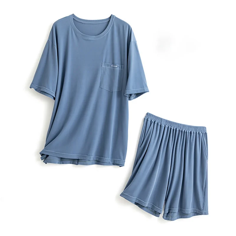 Silk XXL Mens Sleepwear Knitted 114cm Chest Blue Night Suit Loungewear Summer