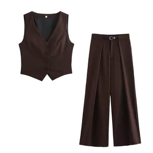 Single Breasted Sleeveless V-neck Split Waistcoat Vest & High Waist Wide Leg Long Trousers for Female Women 2 Pcs Pants Set