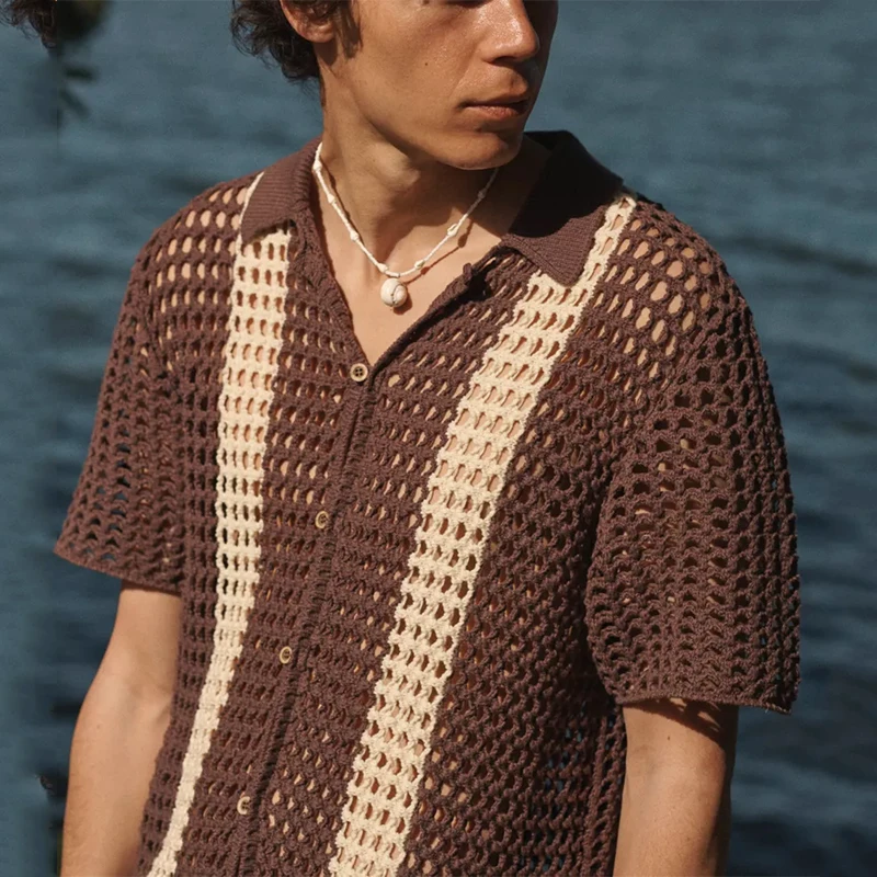 Custom Design Herren Sommer Hollow Out Button Up Strick pullover Kurzarm  Cardigan Strickwaren Polo T-Shirt Gestricktes Häkel hemd