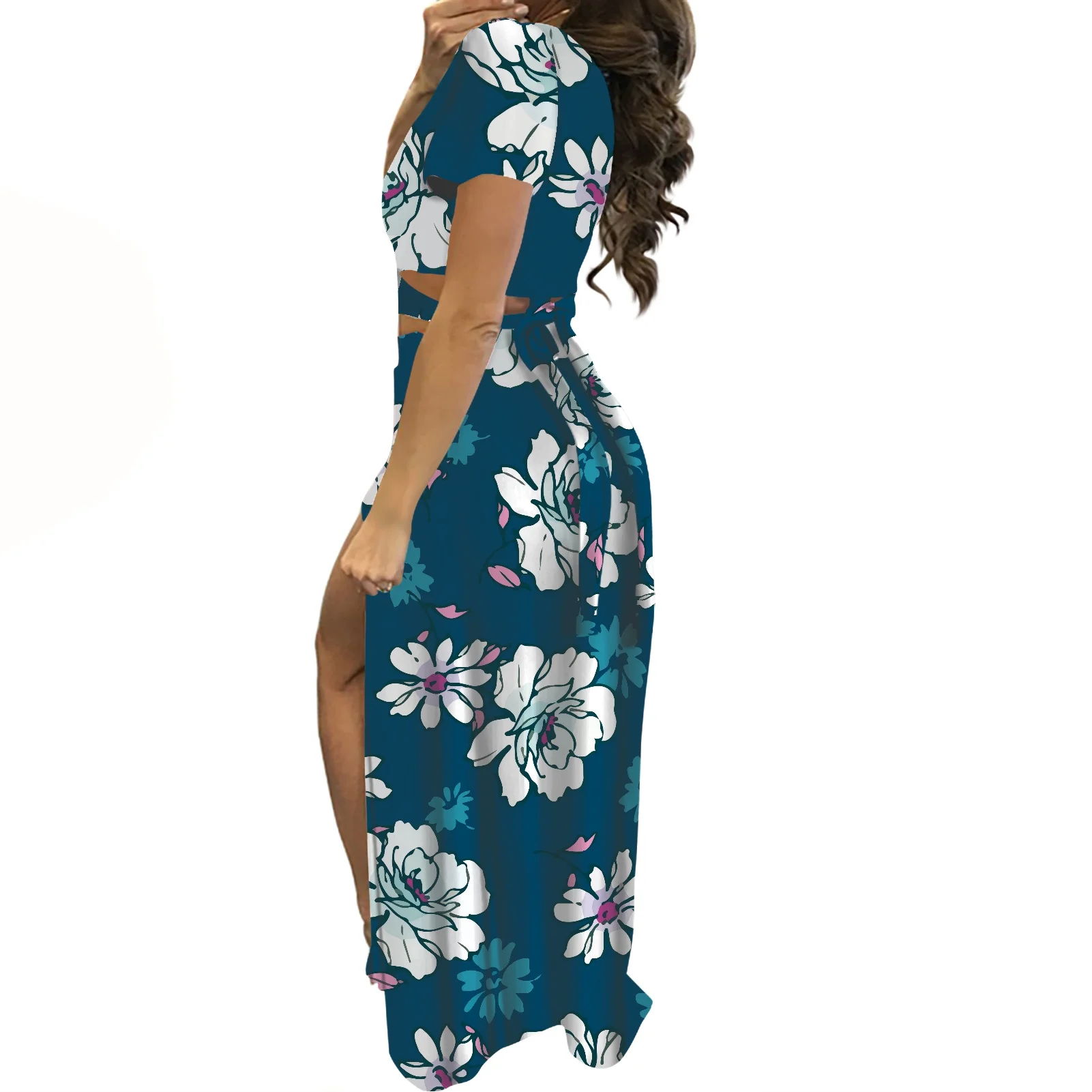 Maxi Abito Donna Boho Con Stampa Floreale - Maniche Corte, Scollo A V, Gonna Lunga Per Spiaggia E Vacanze Estive - Colori Giallo, Rosso, Blu, Nero, Ciano - Taglie S/M/L/XL - 3