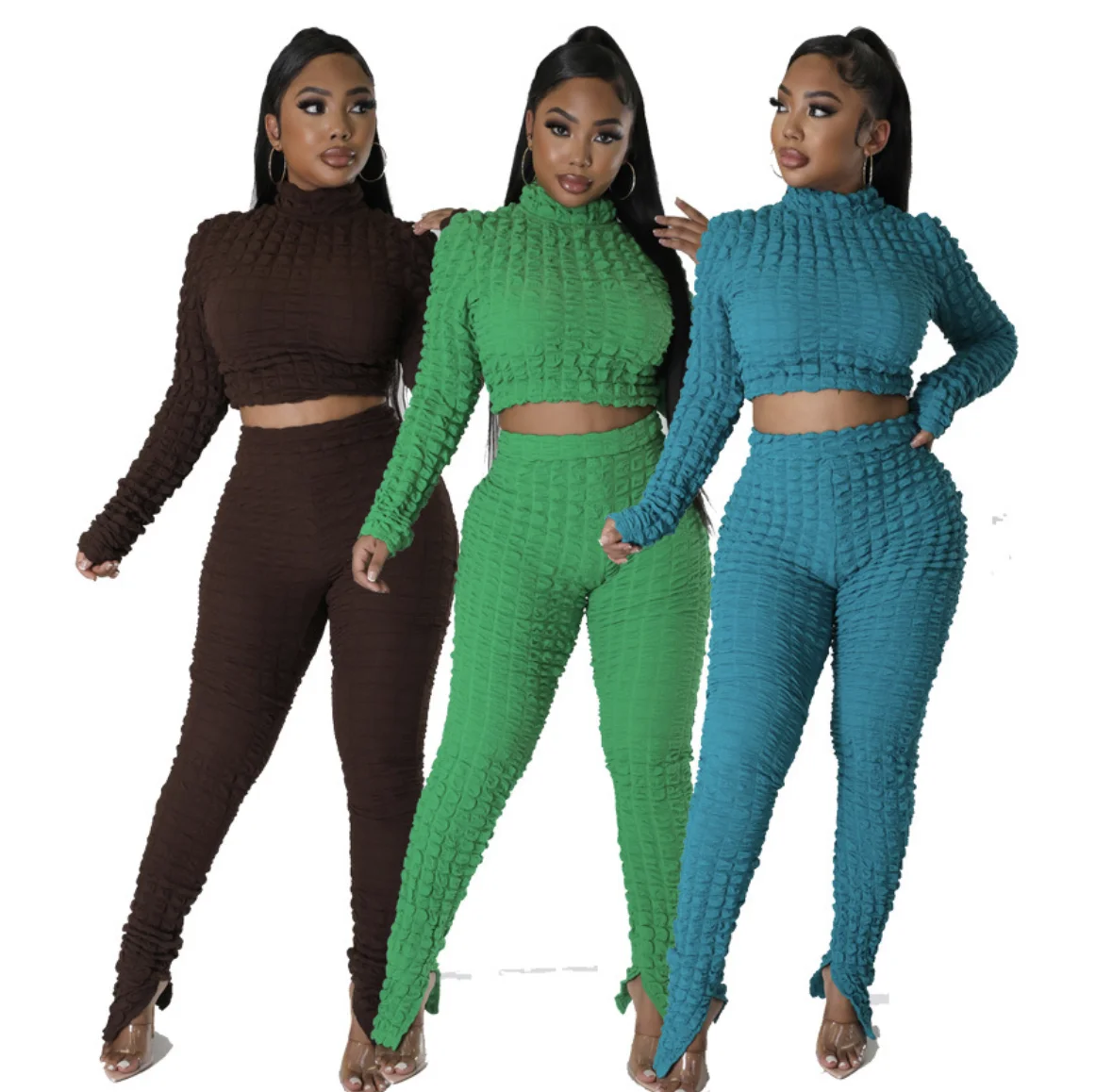 Fall Sweater Sets Tracksuit Popcorn Fabric Women Casual Long Pants Sets ...