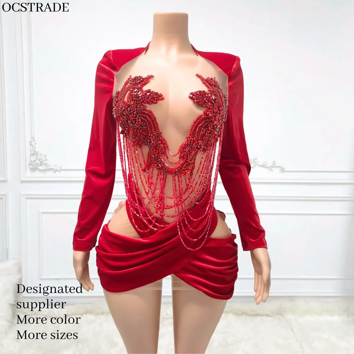 see through birthday dresses Ocstrade Ropa De Mujer Velvet Long Sleeve Rhinestone Min Birthday Dress Red  Mesh See Through Elegant Evening Dress Club Party