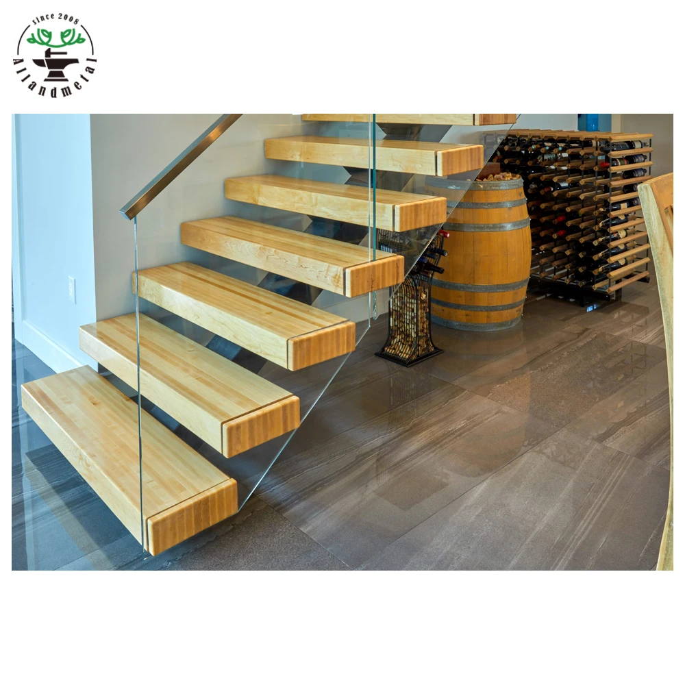 Современный дизайн, прямые плавающие лестницы, закаленные прозрачные стеклянные перила, моно-металлические стрингеры из дерева, нержавеющей стали