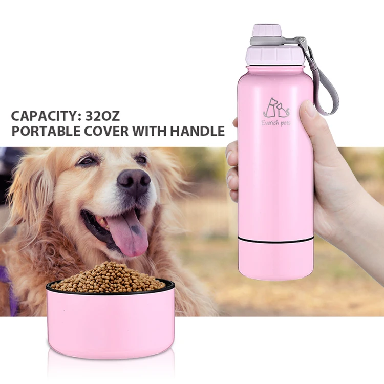 32oz Double Wall Stainless Steel Dog Water Bottle with Rounded Bowl 2-in-1 Multifunction Pet Travel Bottle for Outdoor Use