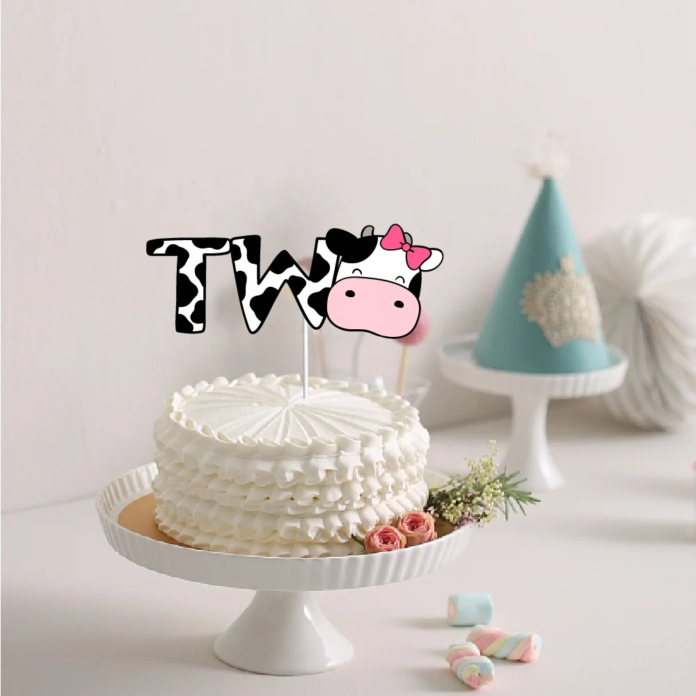 Cow Cake Topper Set for 1st Birthday with One Cake Topper, 24 Pack