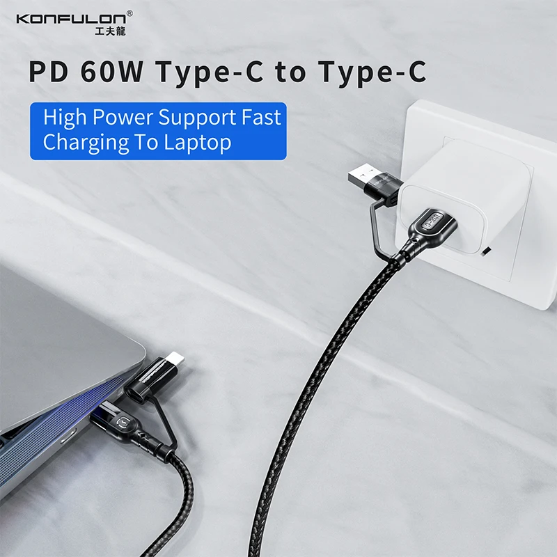 Câble Konfulon Super Fastcharge 4 en 1 60W : Chargez Tous Vos Appareils en Un Seul Câble Polyvalent
