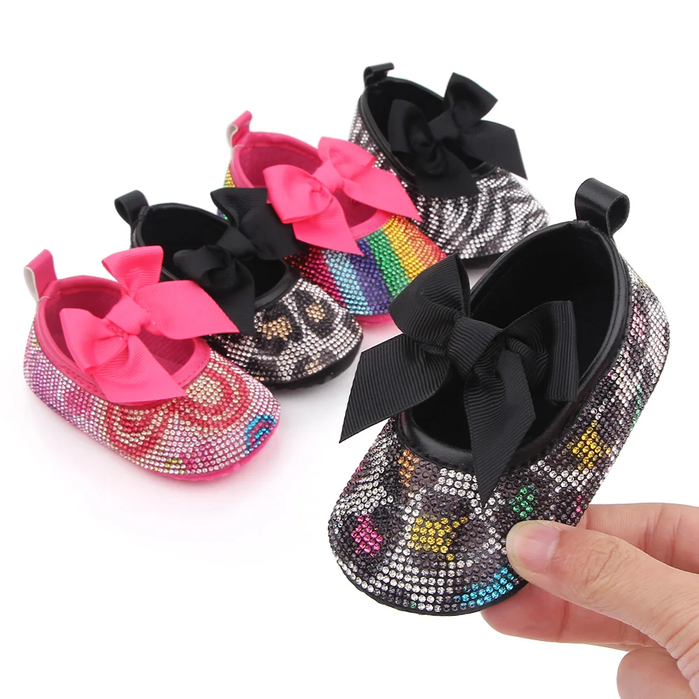 Baby Girls Solid Color Big Bow Rhinestone Pattern Infants Soft Soled Princess Walking Shoes