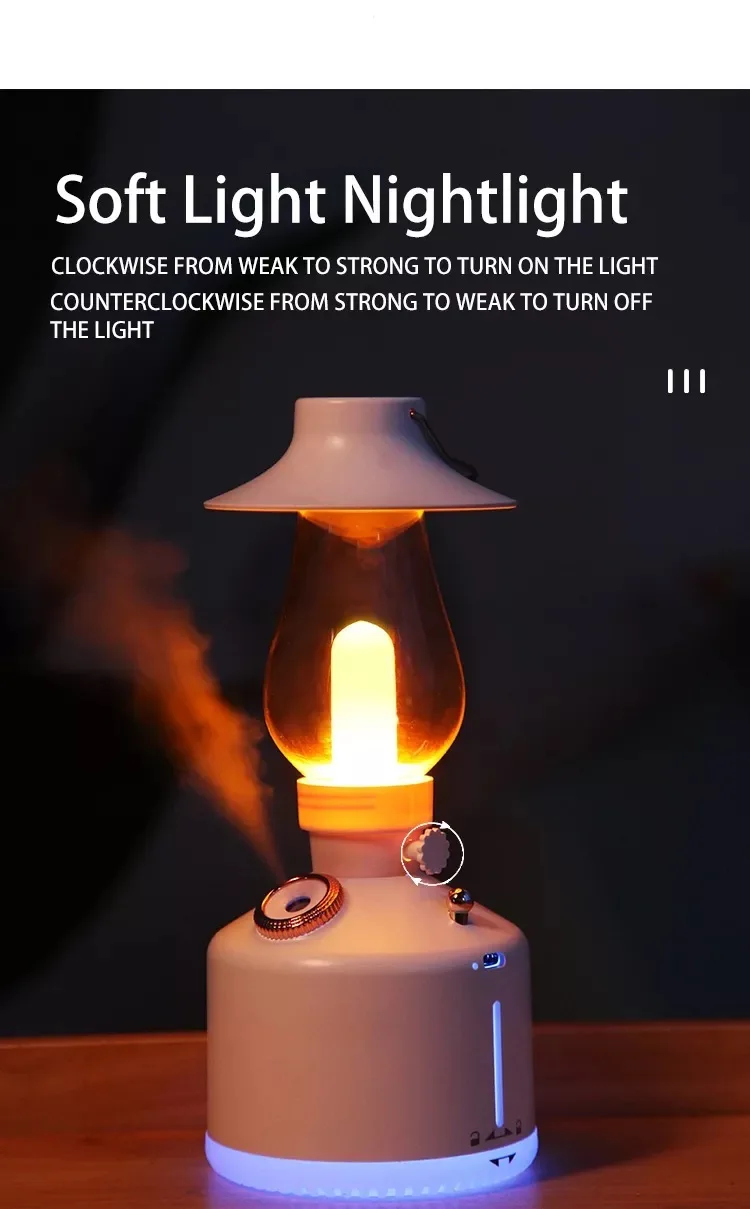 Air Humidifier with LED Light Camping Lamp Aromatherapy Diffuser USB Chargeable Retro Kerosene Lamp Humidificador