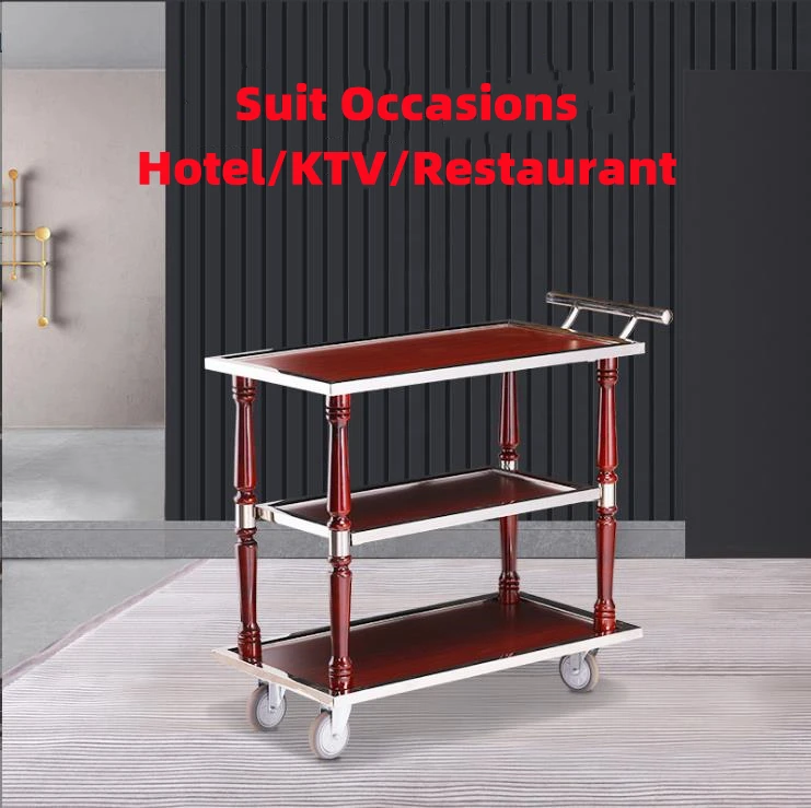High-Grade Traditional Style 3-Layer Wooden Tea & Liquor Trolley Custom KTV Restaurant Hand Storage Cart for Hotels and Dining