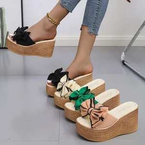 QuiteS Wholesale Sandals for Women 2022 Summer New Wedge Heel Thick Bottom Wedge Platform Sandals Bow Slippers Flip-Flops