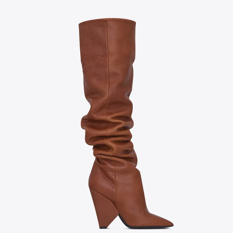 Winter Women Pull-on Special Heeled Pointed Elastic Knee High Boots - Image 4