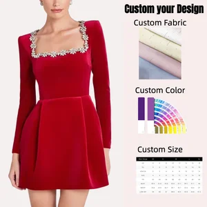 Wholesale Custom Logo Midi New Square Collar Diamond Floral Decoration Dress Classic A-Line Elastic Slim Elegant Women's Dresses