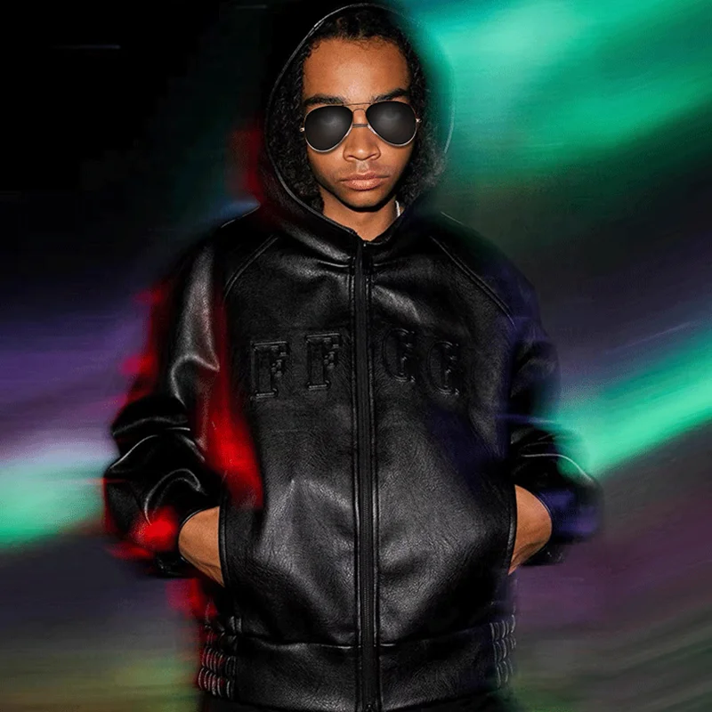 Custom High Quality Hoodie Jacket 3D Embossed Zip up Oversized Black Motorcycle Outwear Hip Hop Streetwear Leather Jacket Men
