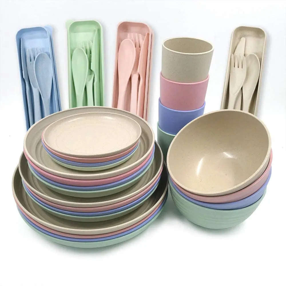 Wheat Straw Dinnerware Sets of 4 (28 Pieces), Dinner Plates, Dessert Plate,  Cereal Bowls, Kids Cups, Microwave Dishwasher Safe, Lightweight