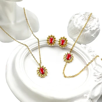 Fashion Stainless Steel Customised Crystal 18K PVD Gold Necklace And Earring Set For Women Ladies