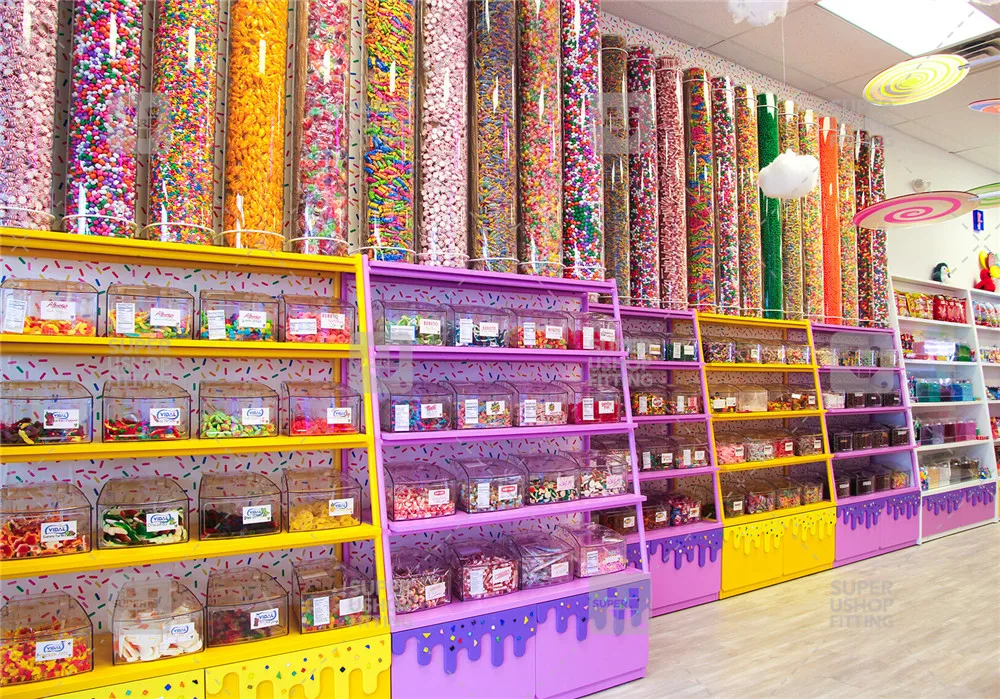 Custom Colorful Confectionery Display Rack Shelf Bespoke Sweets Store Interior Design Modern Candy Shop Decorations