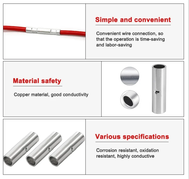 Gty Electrical Butt Cable Joint Clamp Connector Tinned Copper Wire Crimp Tube Aluminum Lug