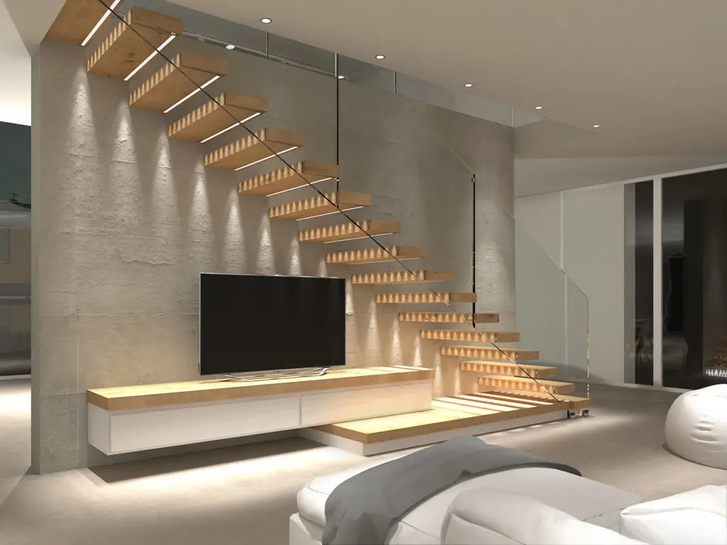 Hidden Railing Modern Interior Straight Staircase Walnut Wood Floating Design Glass ...