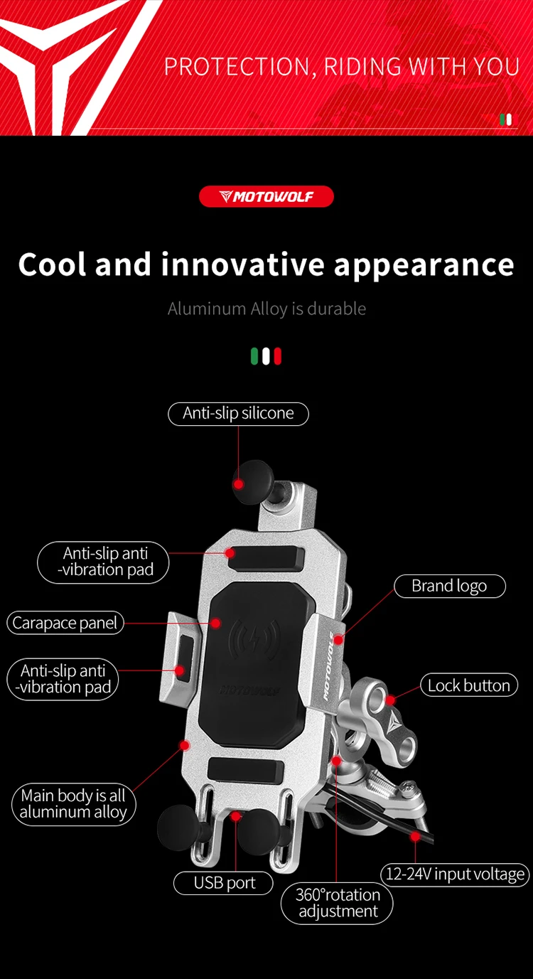Motowolf Motorcycle aluminum alloy anti-shake and anti-shake wireless fast charging Motorbike mobile phone holder with charger