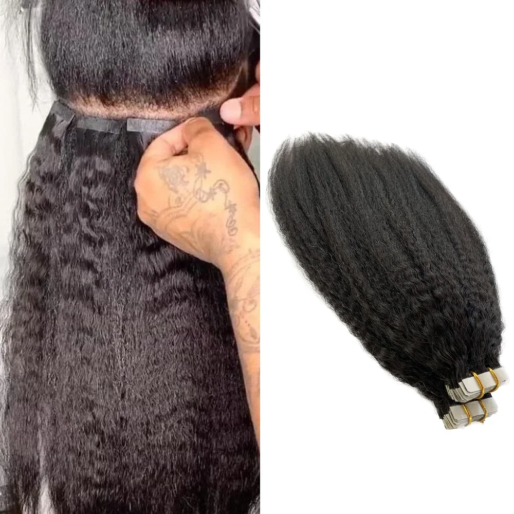 Kinky Straight Tape In Hair Extensions Brazilian Remy Full Head Human Hair Black Skin Weft Women_voghion.com