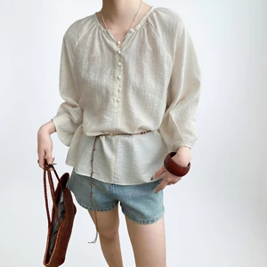 Custom Women''s Beige V-neck 3/4 Sleeve Button-down Shirt