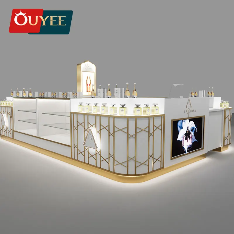 High End Customized Perfume Shop Design Showcase Fragrance Display Counter Gold Stainless Steel Mall Perfume Kiosk With Lighting