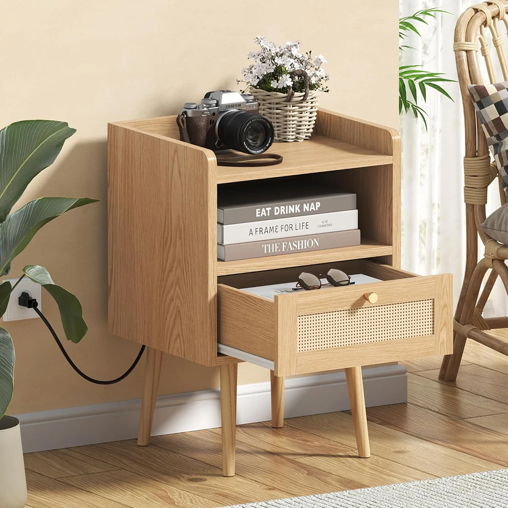 product modern wood night stand charging station with storage rattan end table for small space bedroom kids dorm natural-4