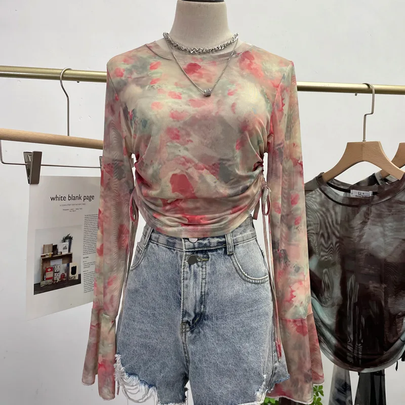 Y2K Mesh See through Long Sleeve T Shirt Women's Clothing