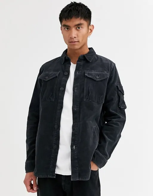 KY Acid Wash Spread Collar Button Placket Chest Pockets Cord Oversize Motor Jacket Men Clothing 1