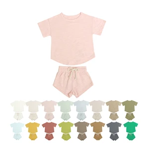 Soft 100% Cotton Toddler Girls' Multi-Color Short-Sleeve Drawstring Shorts Set for Summer Casual
