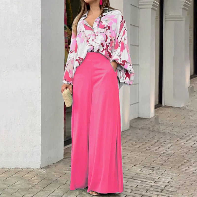 Women's Clothing Printed Casual Loose Batwing Sleeve Lapel Shirt and High Waisted Wide L aperçu 3