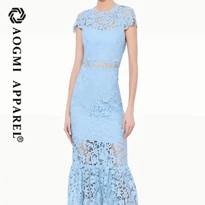 Haute Couture Fashion O-Neck Short Sleeve Maxi Wrap High Waist Cut Tight Ruffled 3D Lace Open Back Blue 100% Cotton Dress