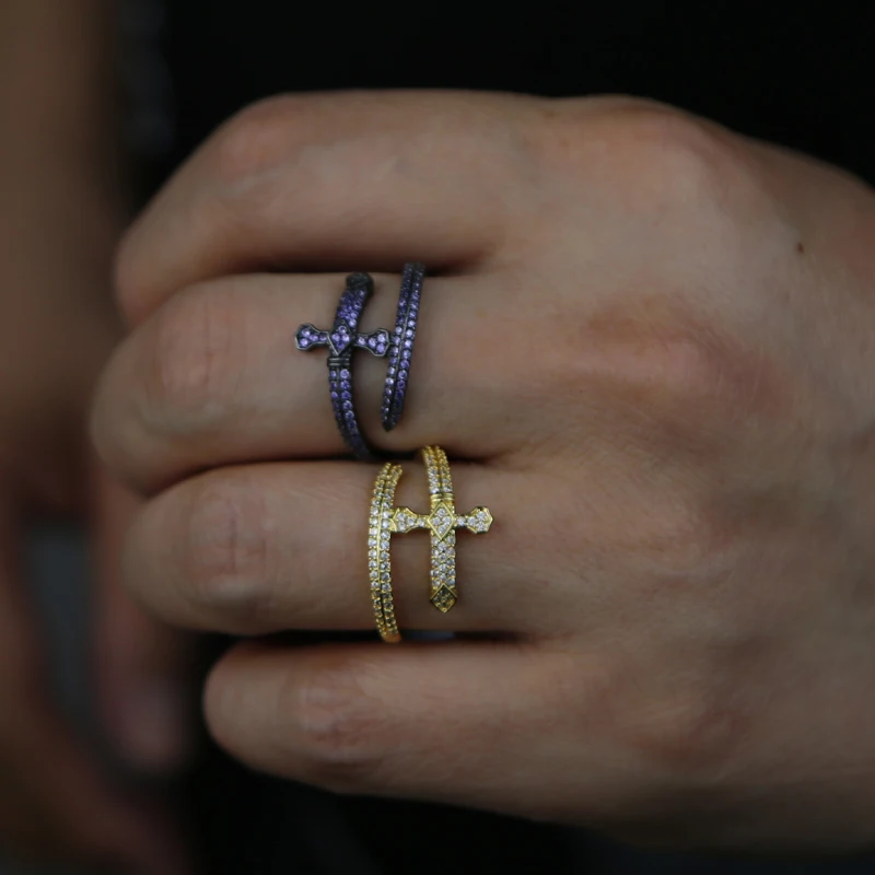 Iced Out Full CZ Cross Sword Shaped Men's Ring Gold Silver Plated