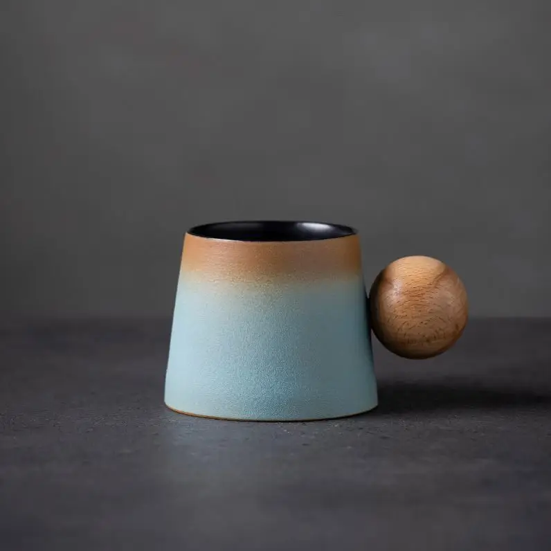 200ml Gradient Porcelain Mug Ceramic Coffee Cup and Wooden Saucers With Round Shape Wooden  Ball Handle