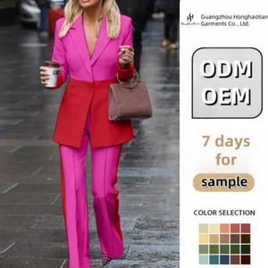 ODM OEM Custom High Quality New Women Clothing Outfits Spring One Button Color Block Blazer Suit Long Sleeve Two Piece Set