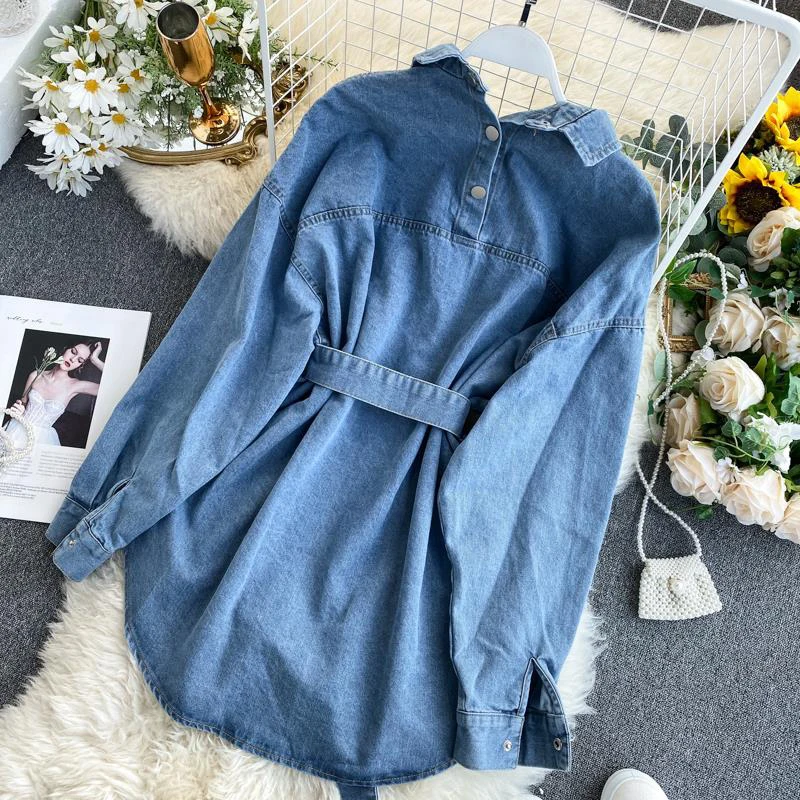 TWOTWINSTYLE Lapel Long Sleeve High Waist Patchwork Bag Denim Blouses Female 2021