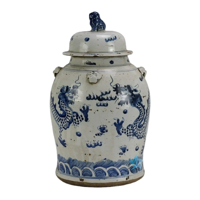 RZEY12 Series Antique Traditional Hand Painted Blue and White Dragon Ceramic Floor Vase with Lion Knob