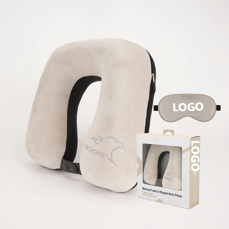 Cuscino cervicale grigio premium a forma di U con logo personalizzato ricamato, comodo cuscino relax con massaggio cervicale per uso in ufficio