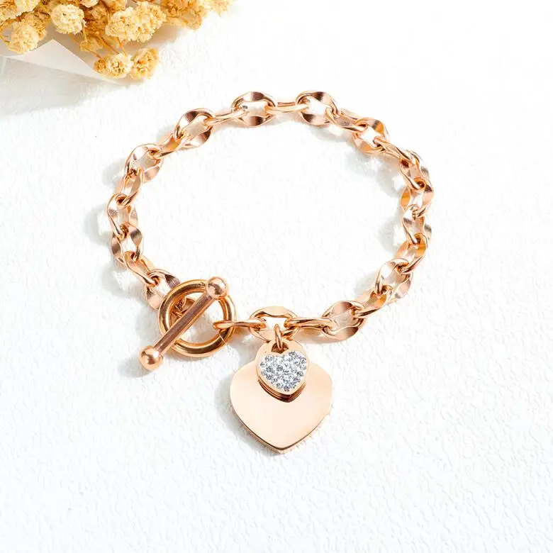 Designer Inspired Jewelry 18k Gold Plated Stainless Steel  Fashion Heart Charm Toggle Clasp Chunky Chain  Bracelets for Women