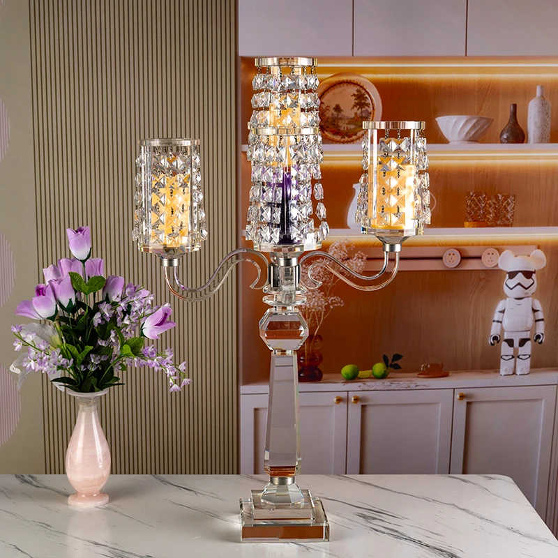 Hot Selling Five Arm Long Handle Glass Tall and Elegant Wedding Center Home Decoration Crystal Candle Holder