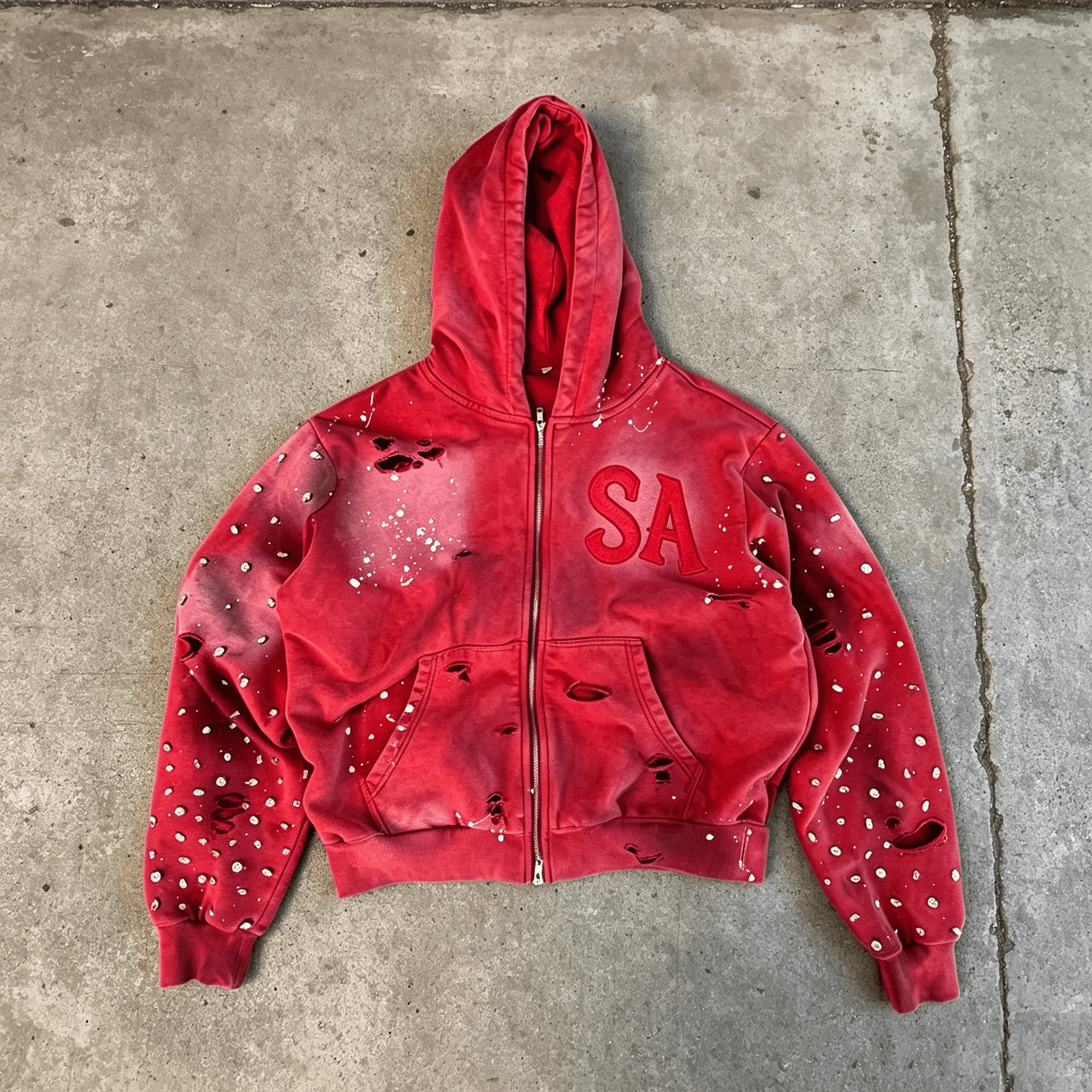 Custom Rhinestone Distressed Faded Gradient Heavyweight Cotton Zip Up Cropped Streetwear Hoodie Men gallery 3