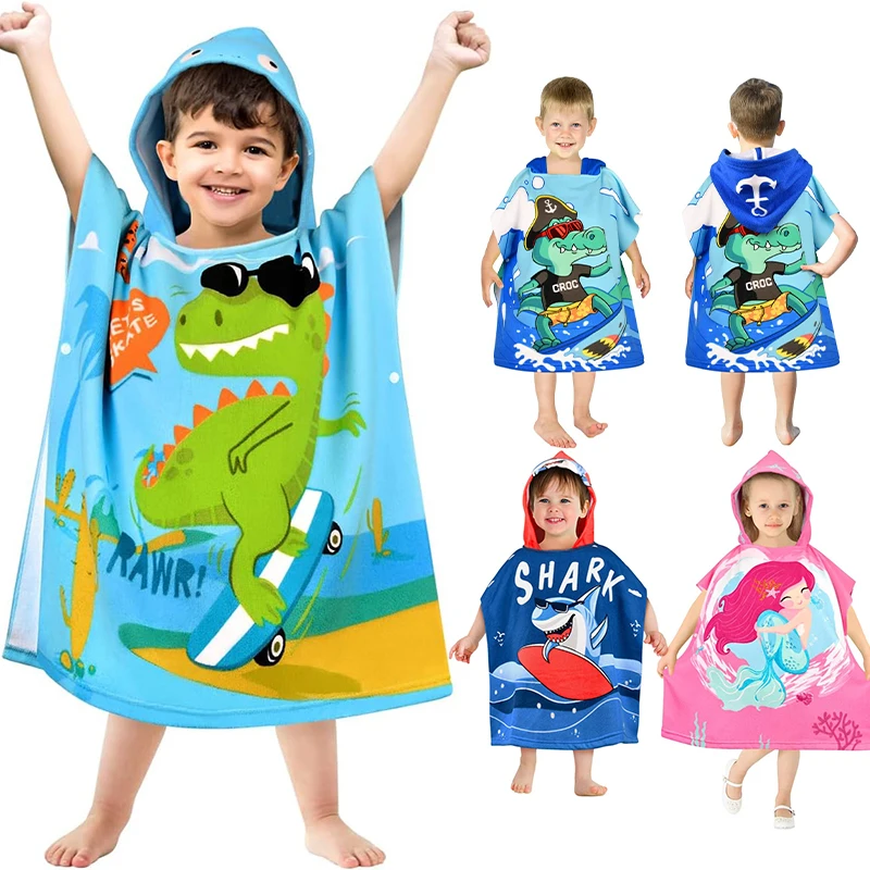 Customized Portable Kids Poncho Surf Hood Dry Changing Robes Printed Cartoon Sublimation Digital Print Towel Poncho Pocket