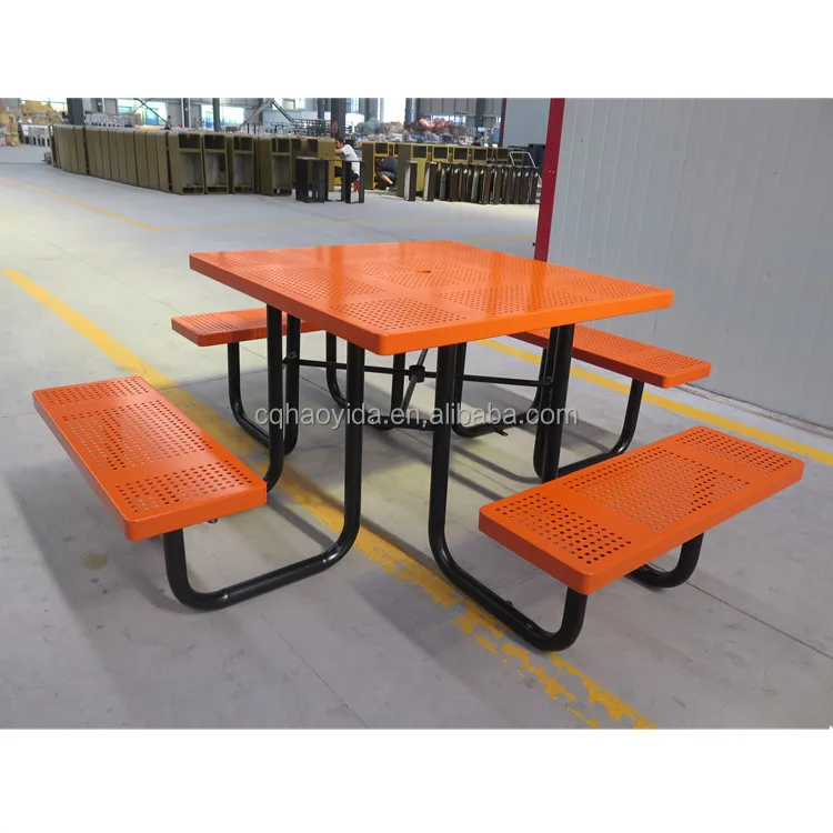 Orange Perforated Steel Picnic Table Set Patio Dining Table Bench Seats