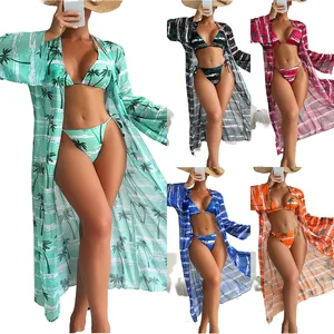 3-Piece Floral Striped Solid Print Textured Women's Bikini Set Spandex/Polyester Waterproof Swimwear