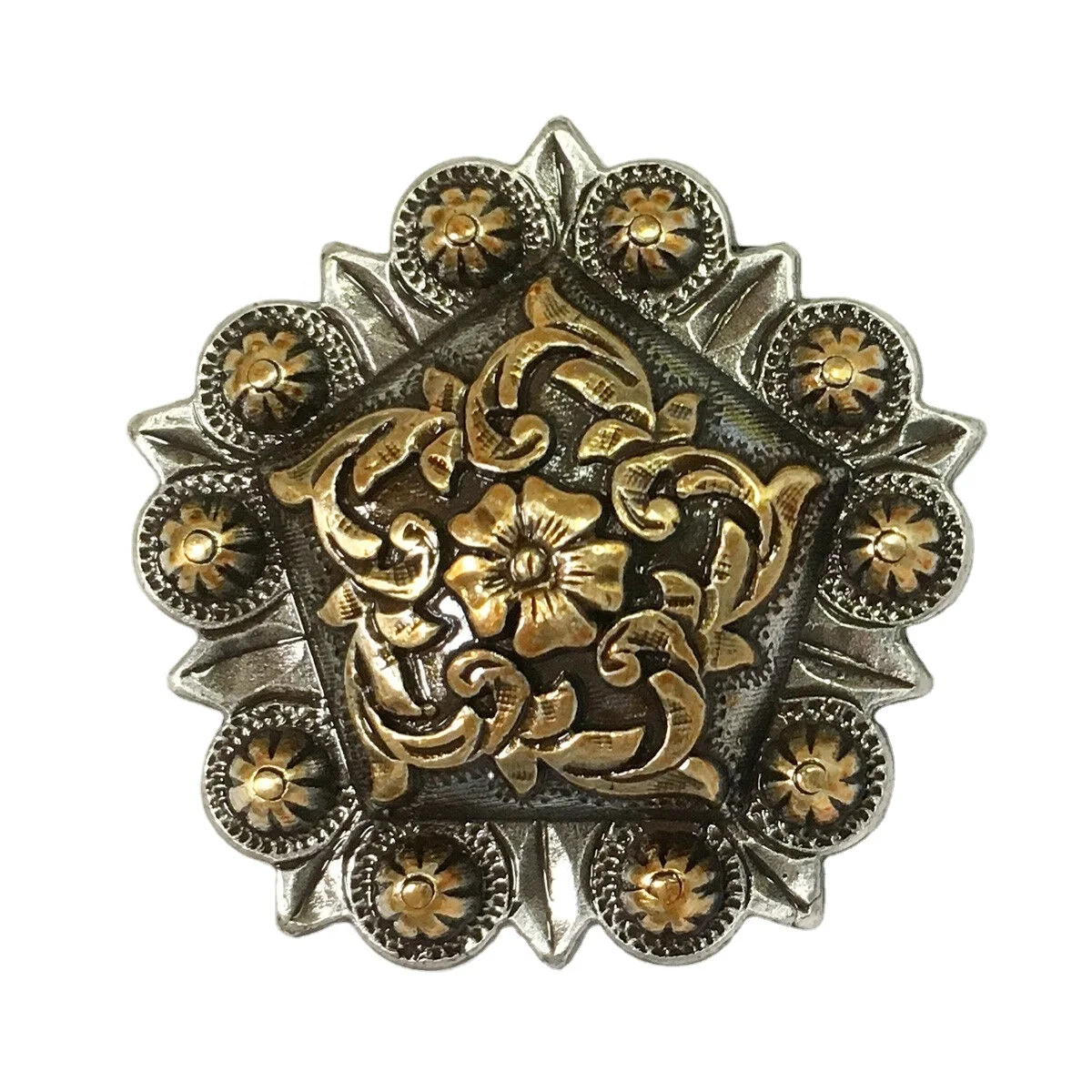 Antique Floral Engraved Pentagon Conchos Durable Zinc Material Belt Buckles with Screw Back Design for Western Horse Saddle Tack