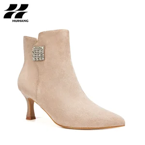 Women's Trendy Fall/Winter Party Evening Suede Ankle Boots Stiletto Pointed Toe Rhinestone Square Zip Height Increasing