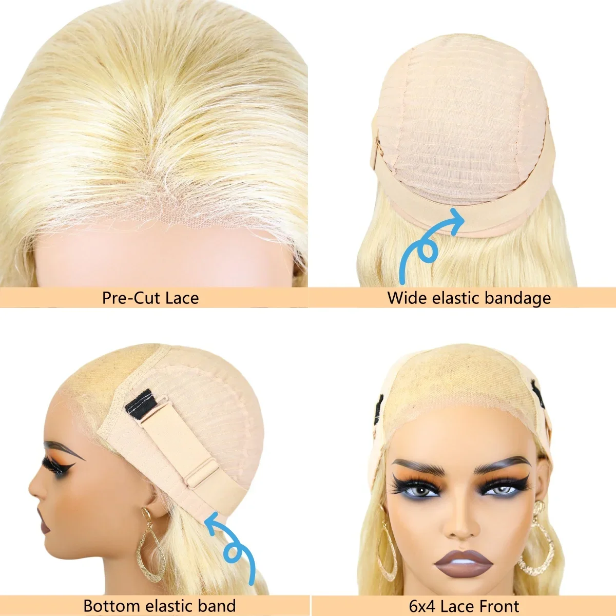 613 Loira Onda Corporal Peruca de Cabelo Humano Pré-cortado Fechamento de Renda Frontal Sem Cola 150% Densidade_voghion.com