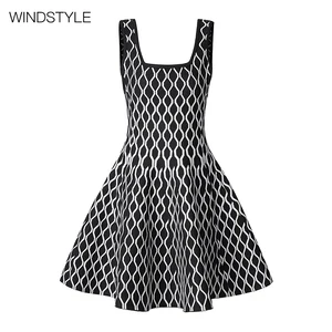 Custom Design Jacquard Dress High Waist Large Knit Skirt Square Collar Pleated Breathable Fashion for Daily Spring Summer Autumn