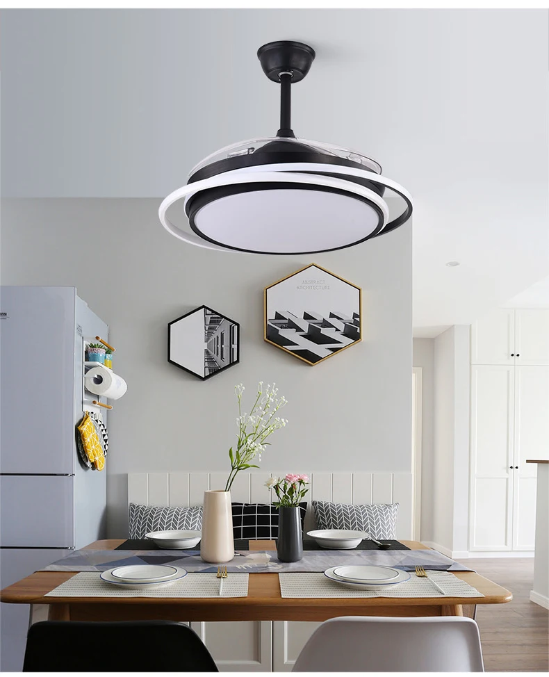 Luxury black chandelier ABS blade fans modern ceiling folding fan with led light  fixtures remote control